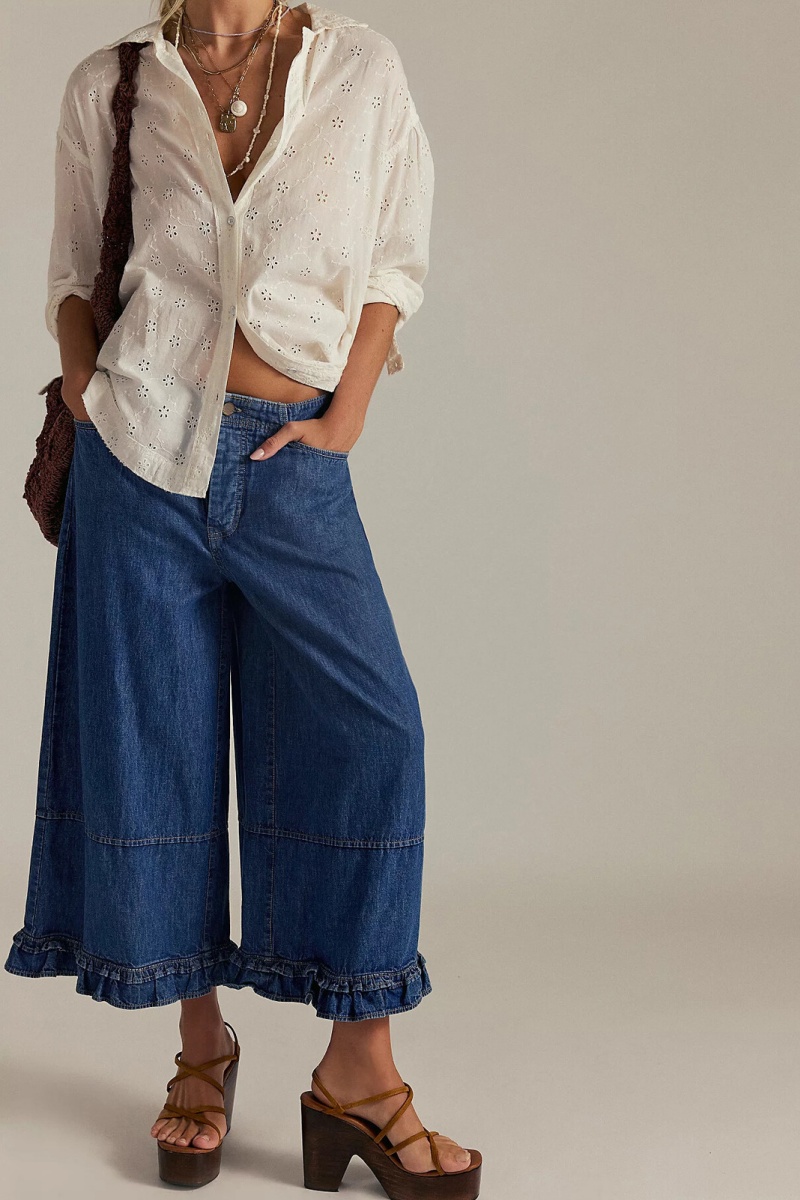 Women's fashionable casual wide-leg cropped jeans with ruffled hem