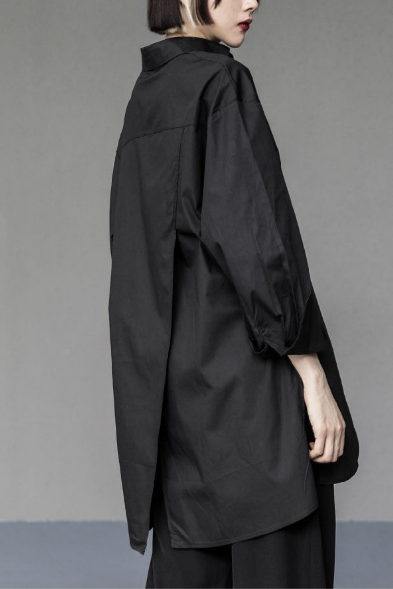 Unique White Asymmetrical Design Side Open Cotton Long Shirts Spring