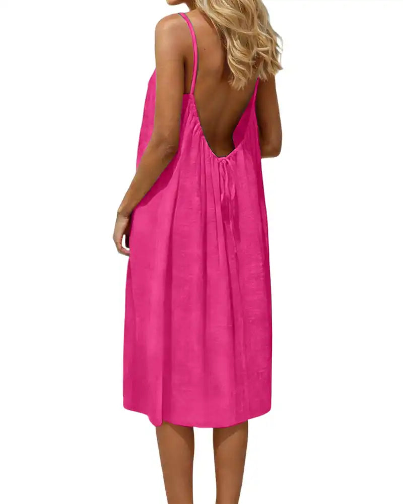 Women's Solid-Color Backless Spaghetti-Strap Knee-Length Dress