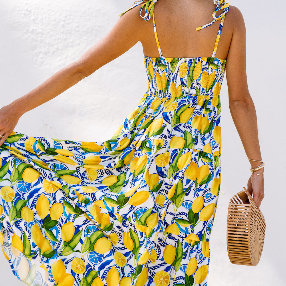 Women's Fresh Lemon-Print Strappy Dress — Vintage Blue-Green Accents with Waist Cutout Design