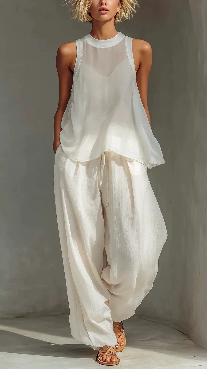 Women's Chiffon Semi-Sheer Round Neck Sleeveless Vest Drawstring Wide-Leg Pants Loose Fit Suit