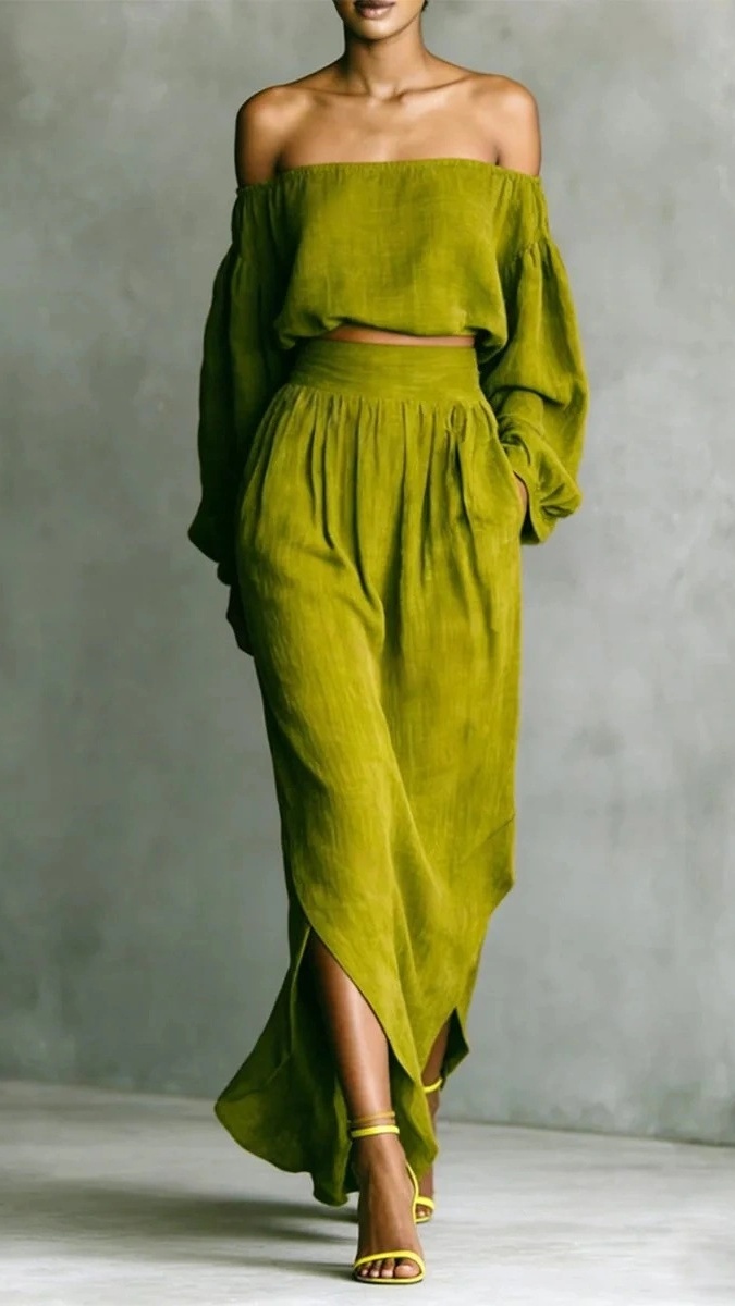 Women's casual off-shoulder top and asymmetrical skirt two-piece set