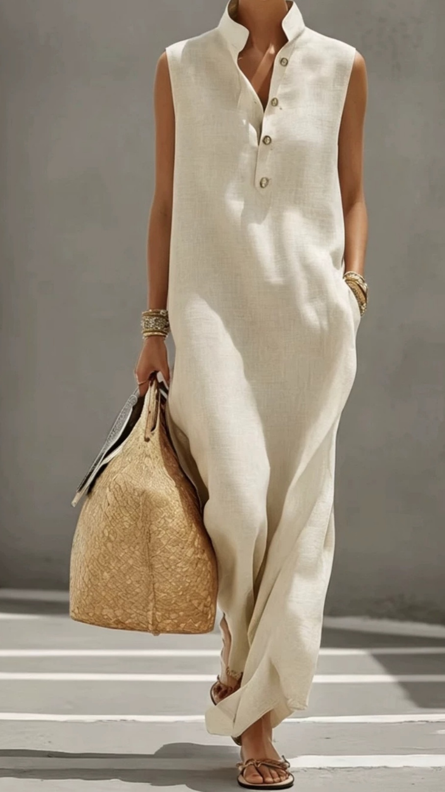 Loose-fitting stand-up collar button-down sleeveless long resort-style shirt dress