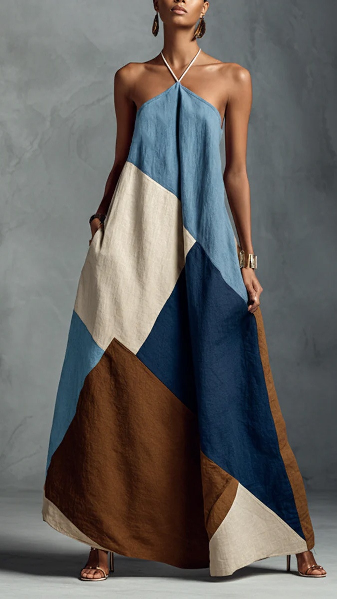 Women's color-blocked printed loose-fitting long dress