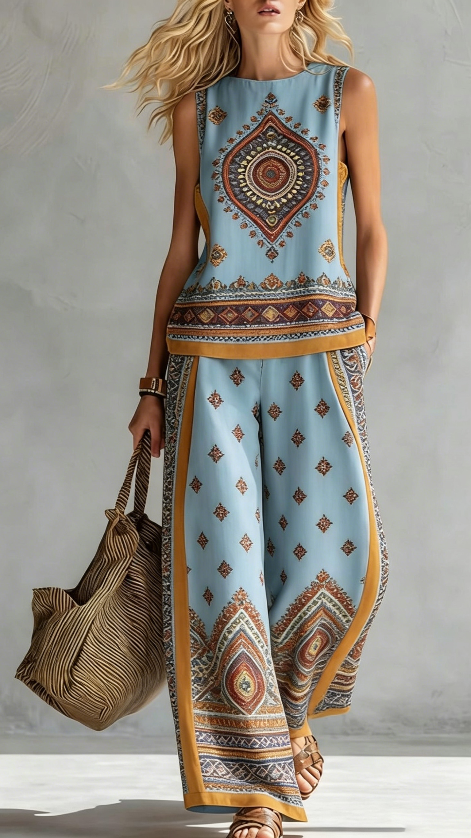 Women's Bohemian Ethnic Style Color-Blocked Trim Wide-Leg Pants Two-Piece Set
