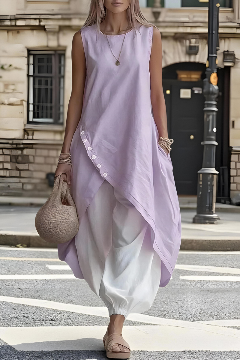 Women's Everyday Round-Neck Linen Midi Dress with Asymmetrical Hem and Pockets