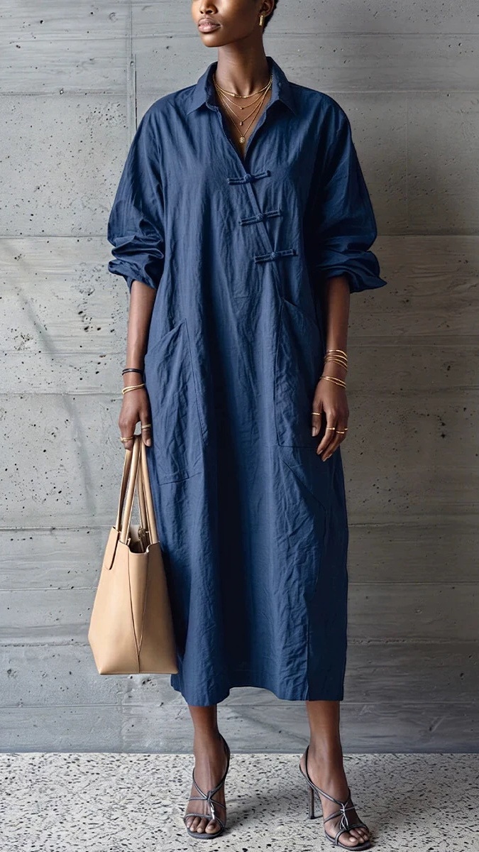 Women's cotton linen collared button-down shirt dress