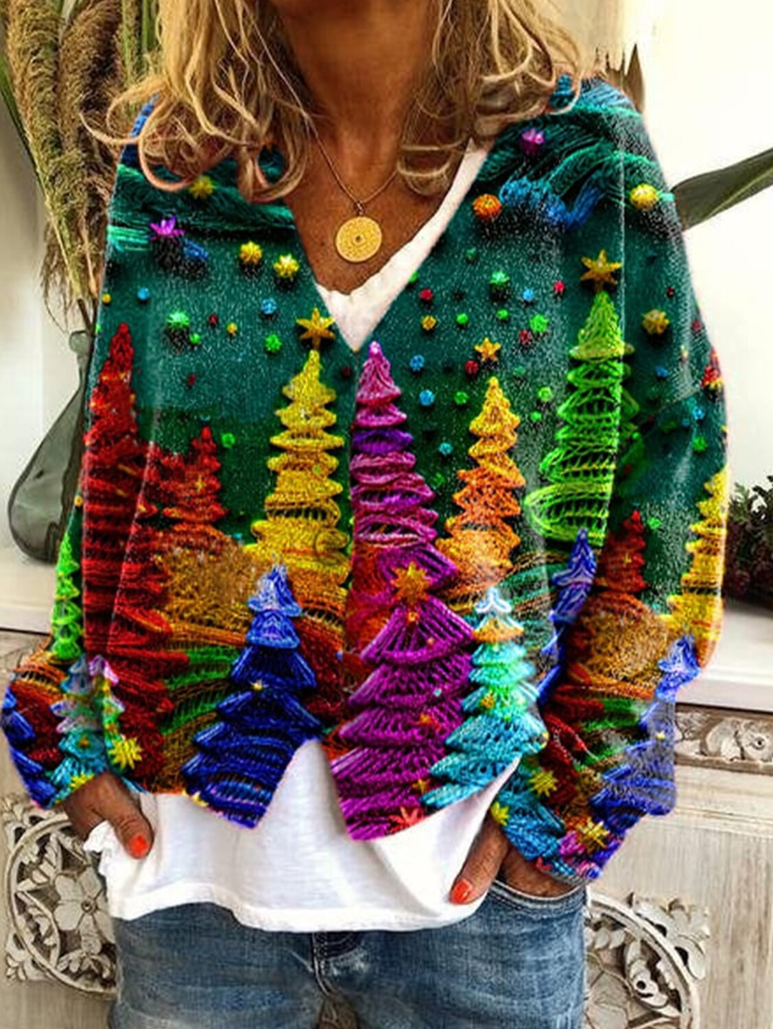 Women's casual floral pattern three-button knitted cardigan sweater