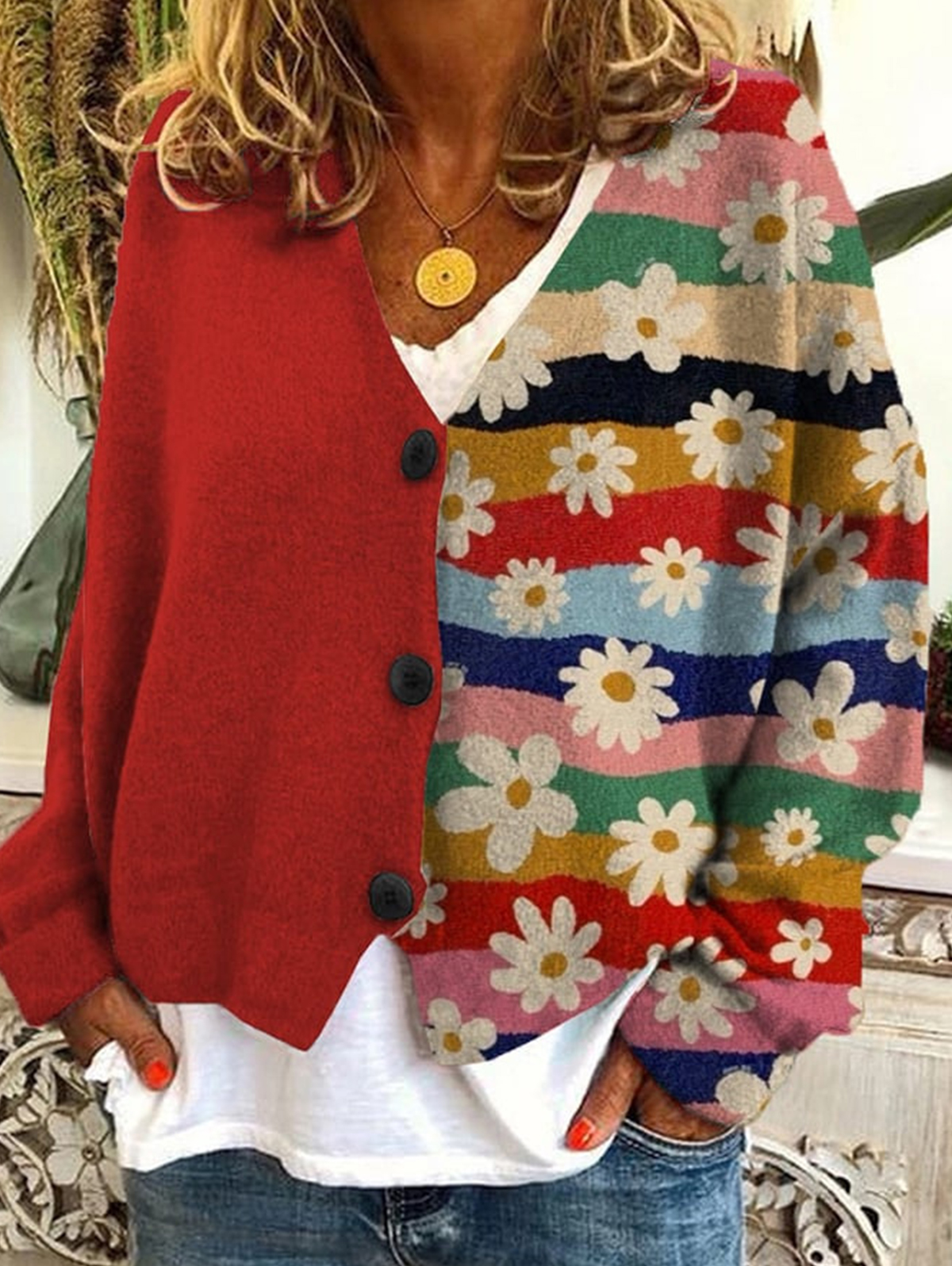 Women's casual floral pattern three-button knitted cardigan sweater