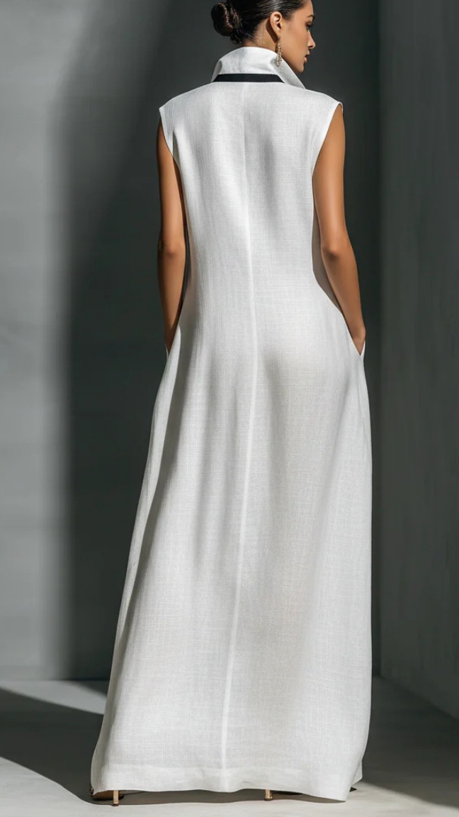 Women's V-neck sleeveless cotton linen slim-fit stand collar dress