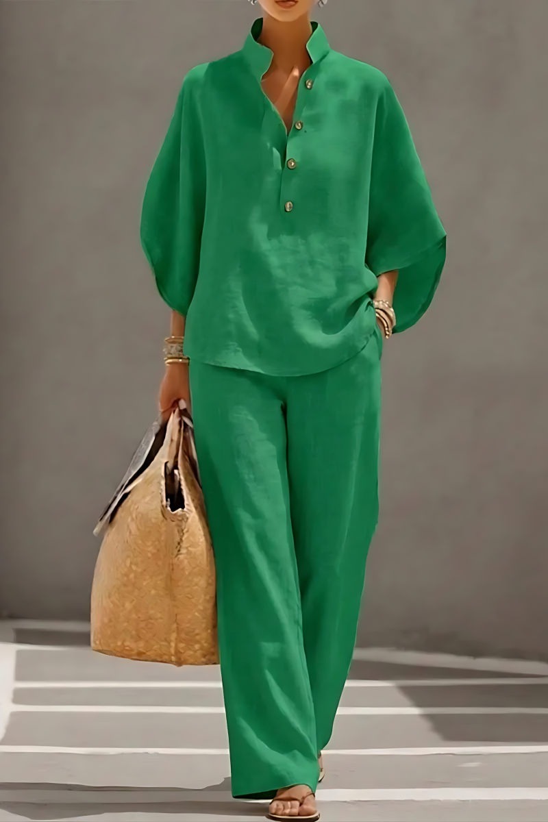 Women’s Batwing Sleeve Linen Cotton Two-Piece Set – Casual Shirt & Wide Leg Pants Outfit