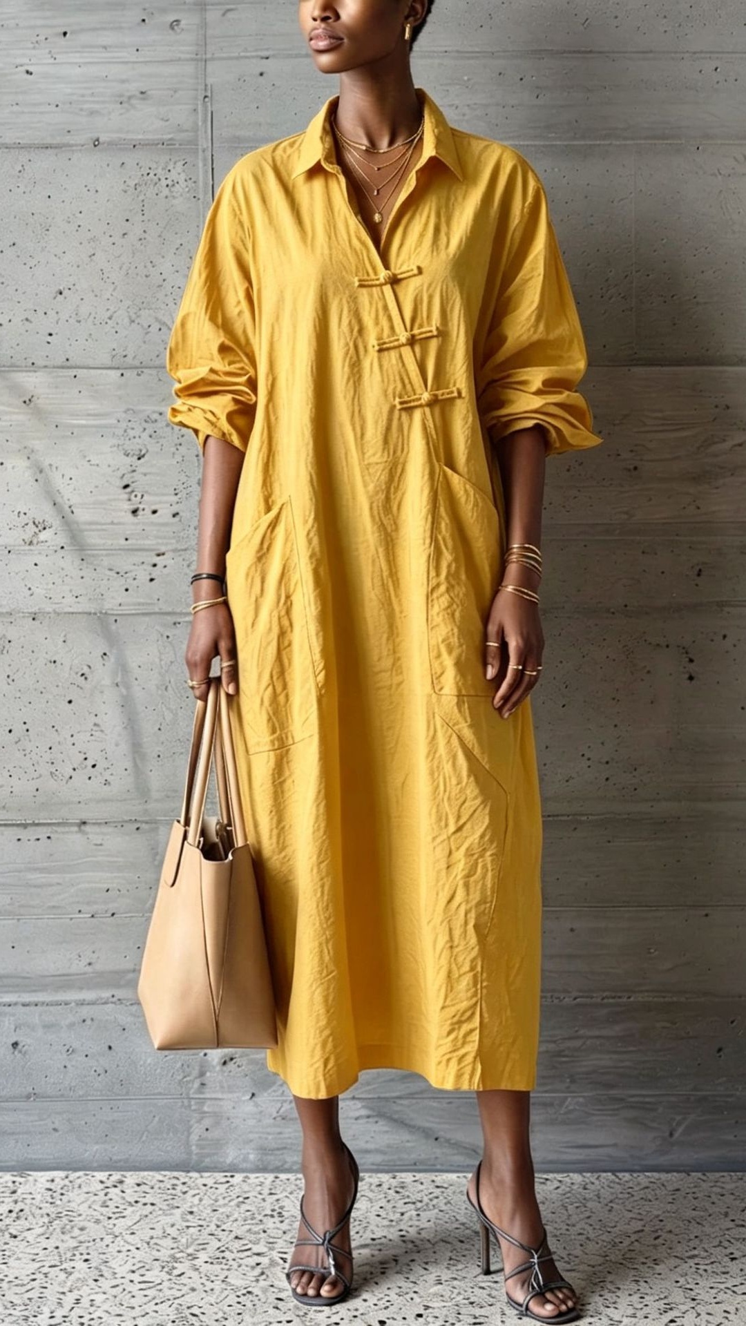 Women's cotton linen collared button-down shirt dress