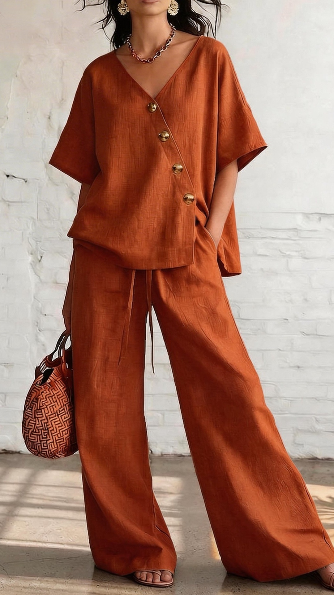 Women's Casual Vacation Loose Cotton Linen V-Neck Wide-Leg Pants Two-Piece Set