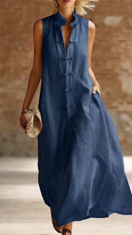 Women's Loose-Fit Stand-Collar Linen-Cotton Dress