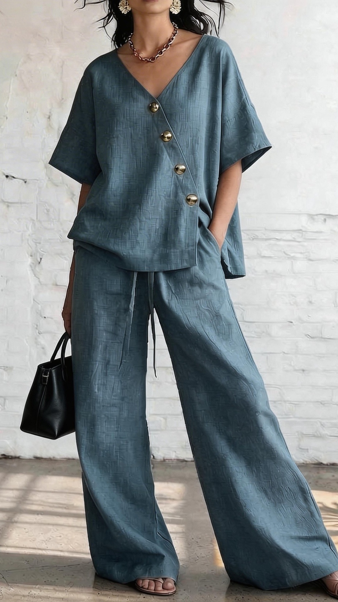 Women's Casual Vacation Loose Cotton Linen V-Neck Wide-Leg Pants Two-Piece Set
