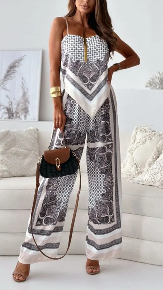 Women's Fashion Two-Piece Set: Printed Spaghetti Strap Bandeau Top + Allover-Print Trousers