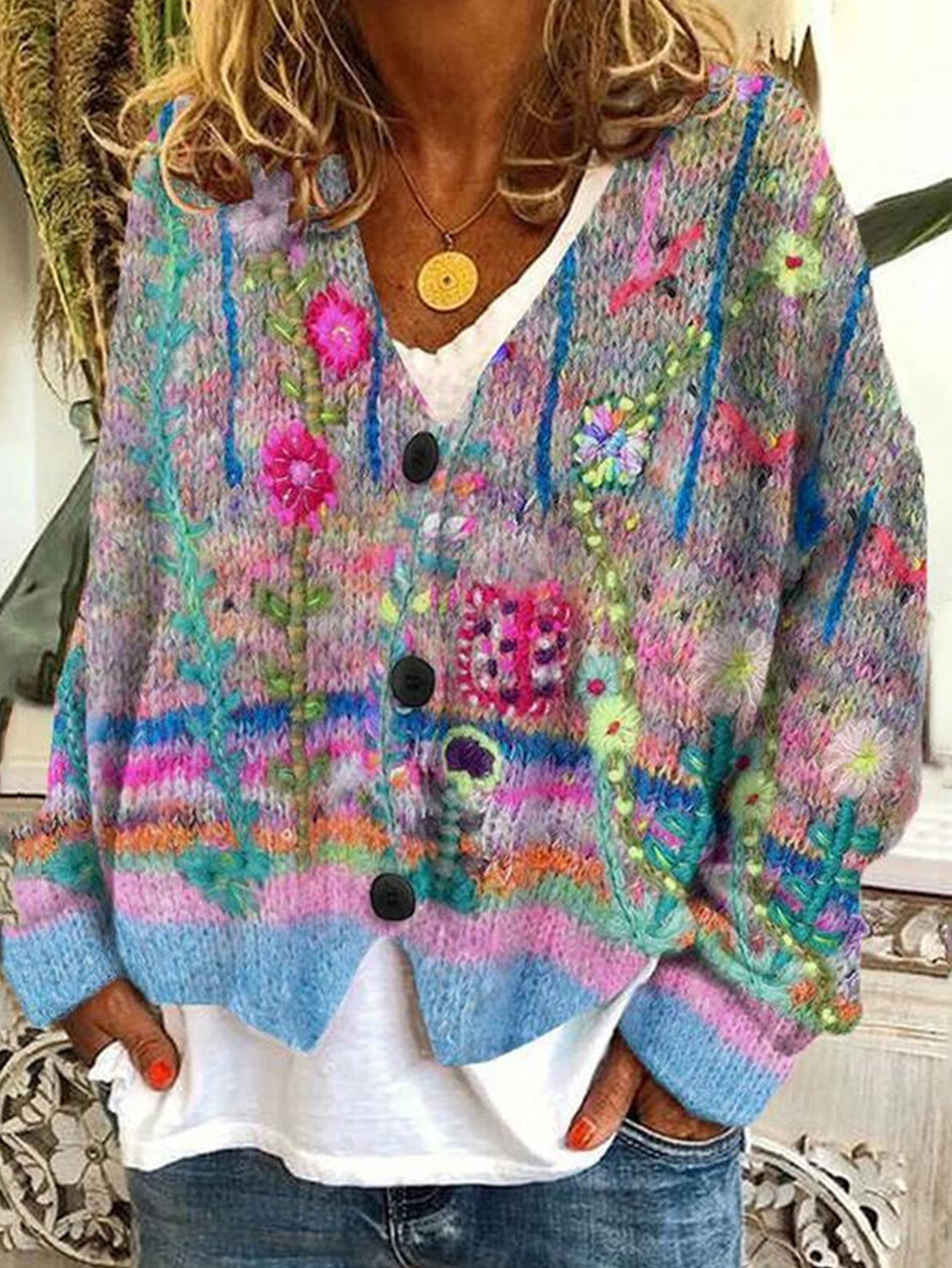 Women's casual floral pattern three-button knitted cardigan sweater