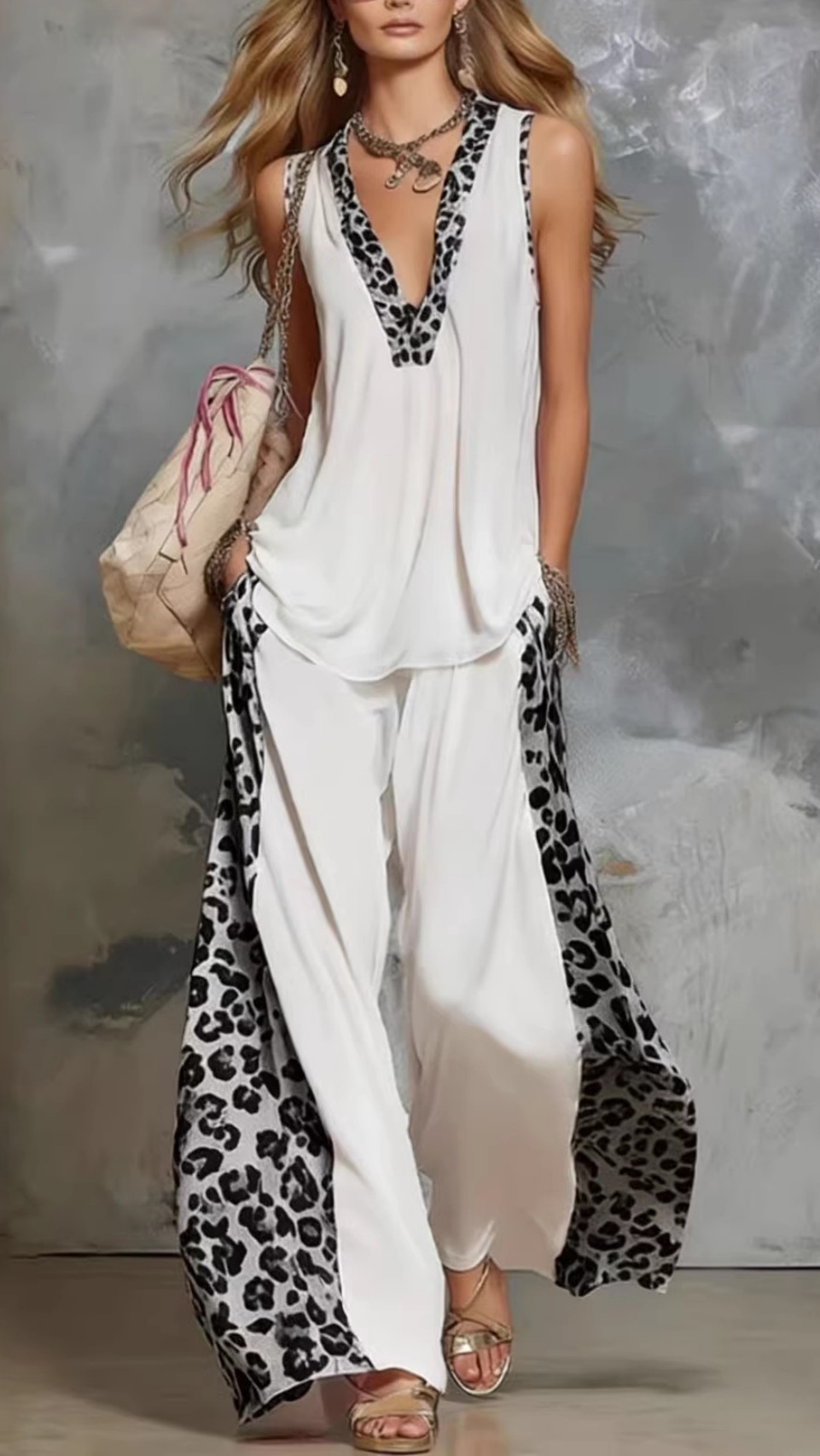 Women's leopard print patchwork vest top, trendy and casual set