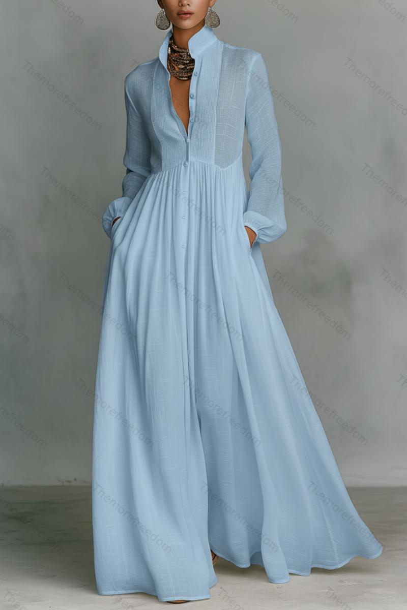 Women's elegant figure-flattering long-sleeved pleated A-line dress perfect for vacations and inspired by French style