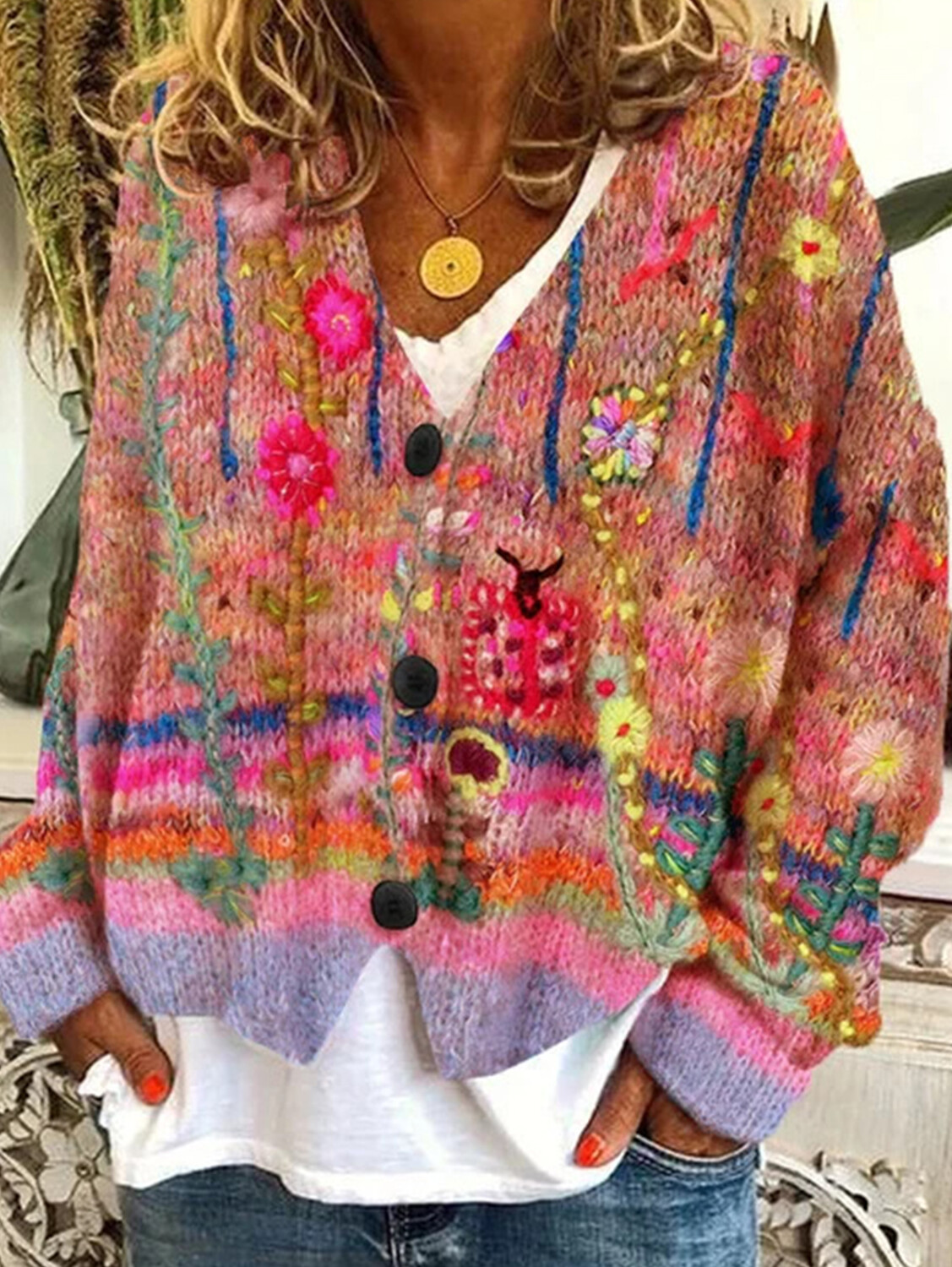 Women's casual floral pattern three-button knitted cardigan sweater