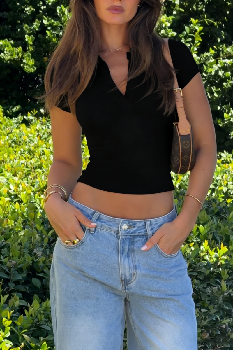 Women's Solid-Color Pullover T-Shirt  Collared Stretchy Slim-Fit Button-Front