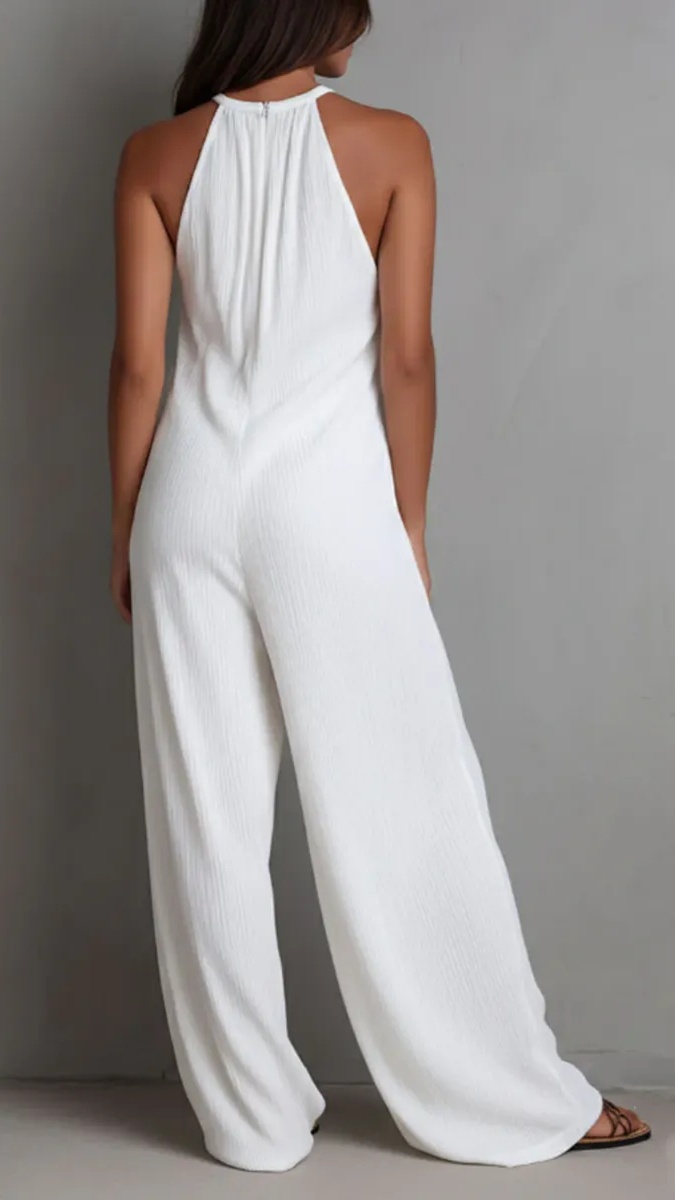 Women Minimalist Halter-neck Loose Cotton-linen Jumpsuit