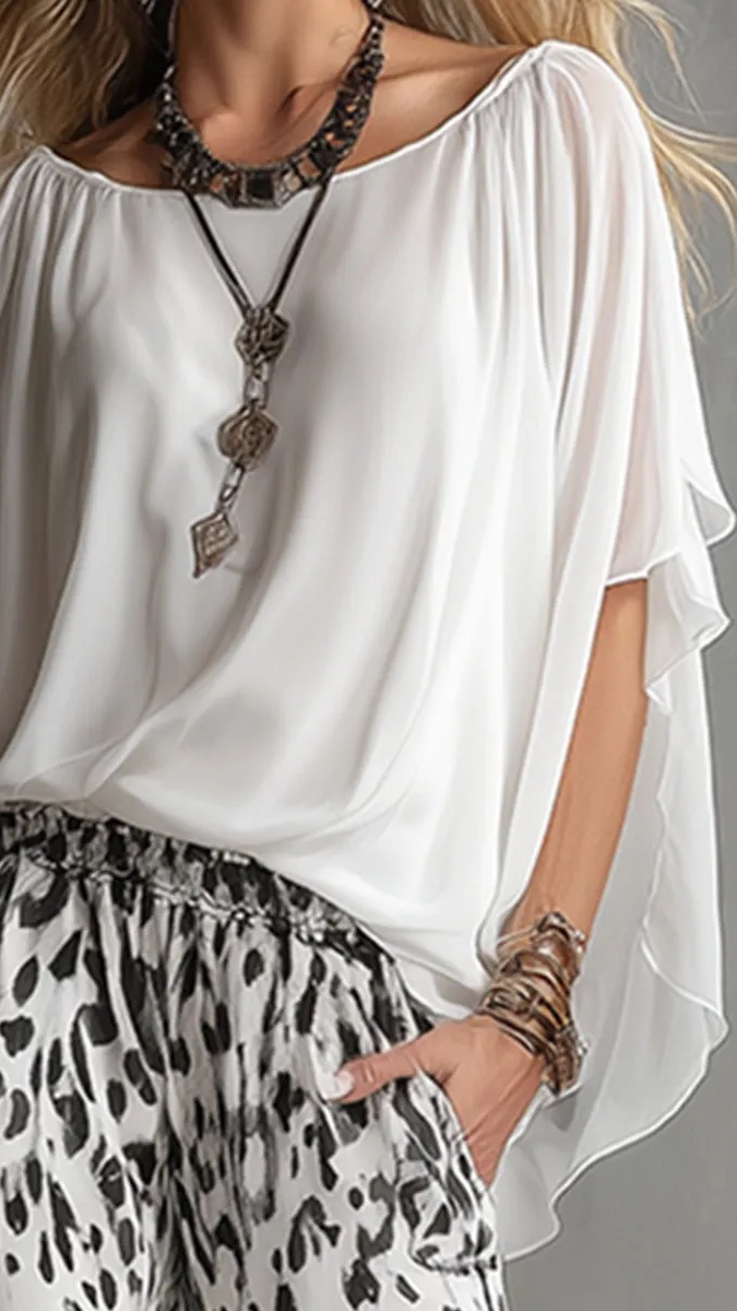 Women's Fashion Two-Piece Set: White T-Shirt & Leopard Print Chiffon Pants