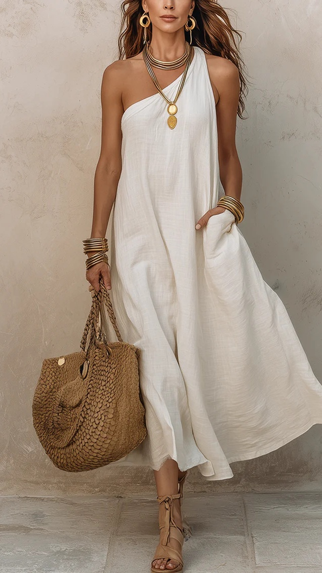 Women's Off-Shoulder Solid-Color Vintage Vacation Sleeveless Dress