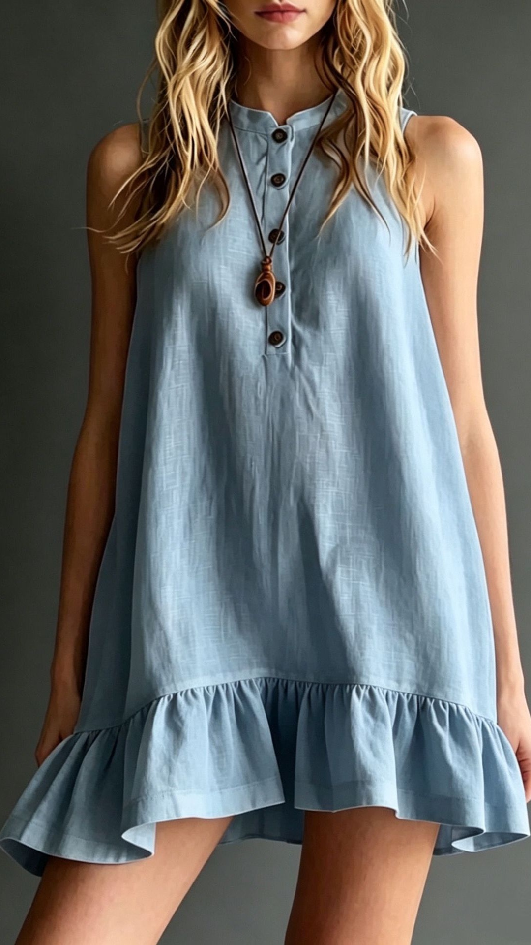 Women's Solid-Color Cotton-Linen Dress: Elegant Stand Collar, Sleeveless, with Ruffles