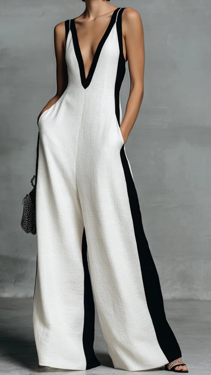 Women's Fashion Black and White Cotton Linen Color Block Thin Strap Jumpsuit
