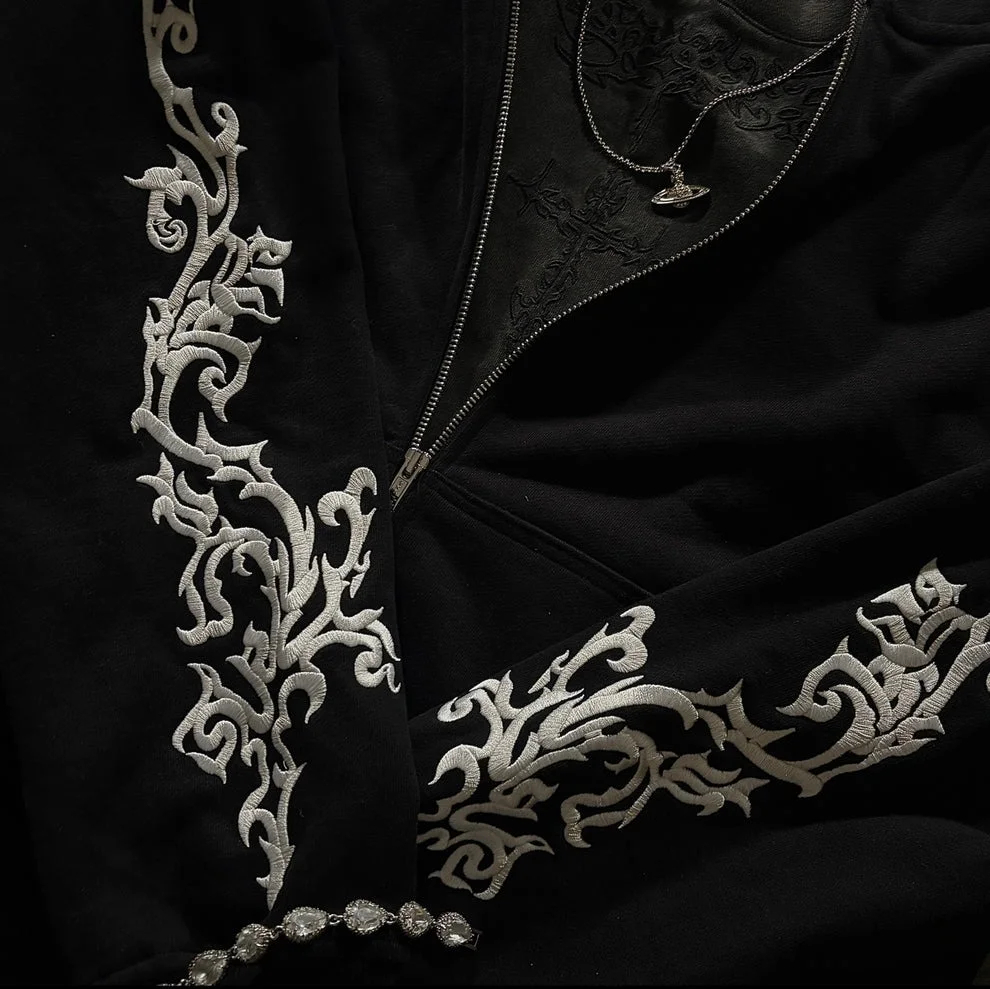 Unisex fashionable and casual street style hoodie with timeless vine embroidery.