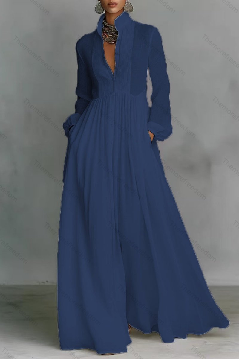 Women's elegant figure-flattering long-sleeved pleated A-line dress perfect for vacations and inspired by French style