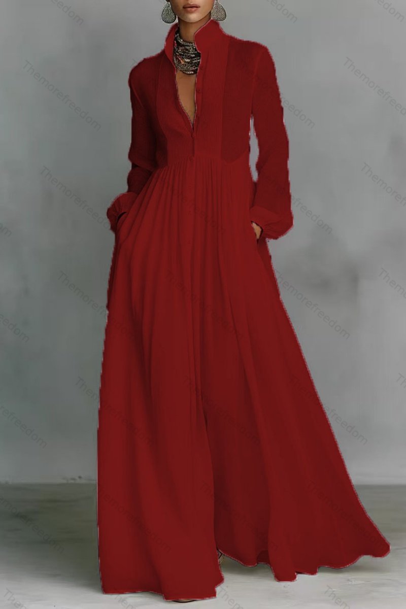 Women's elegant figure-flattering long-sleeved pleated A-line dress perfect for vacations and inspired by French style
