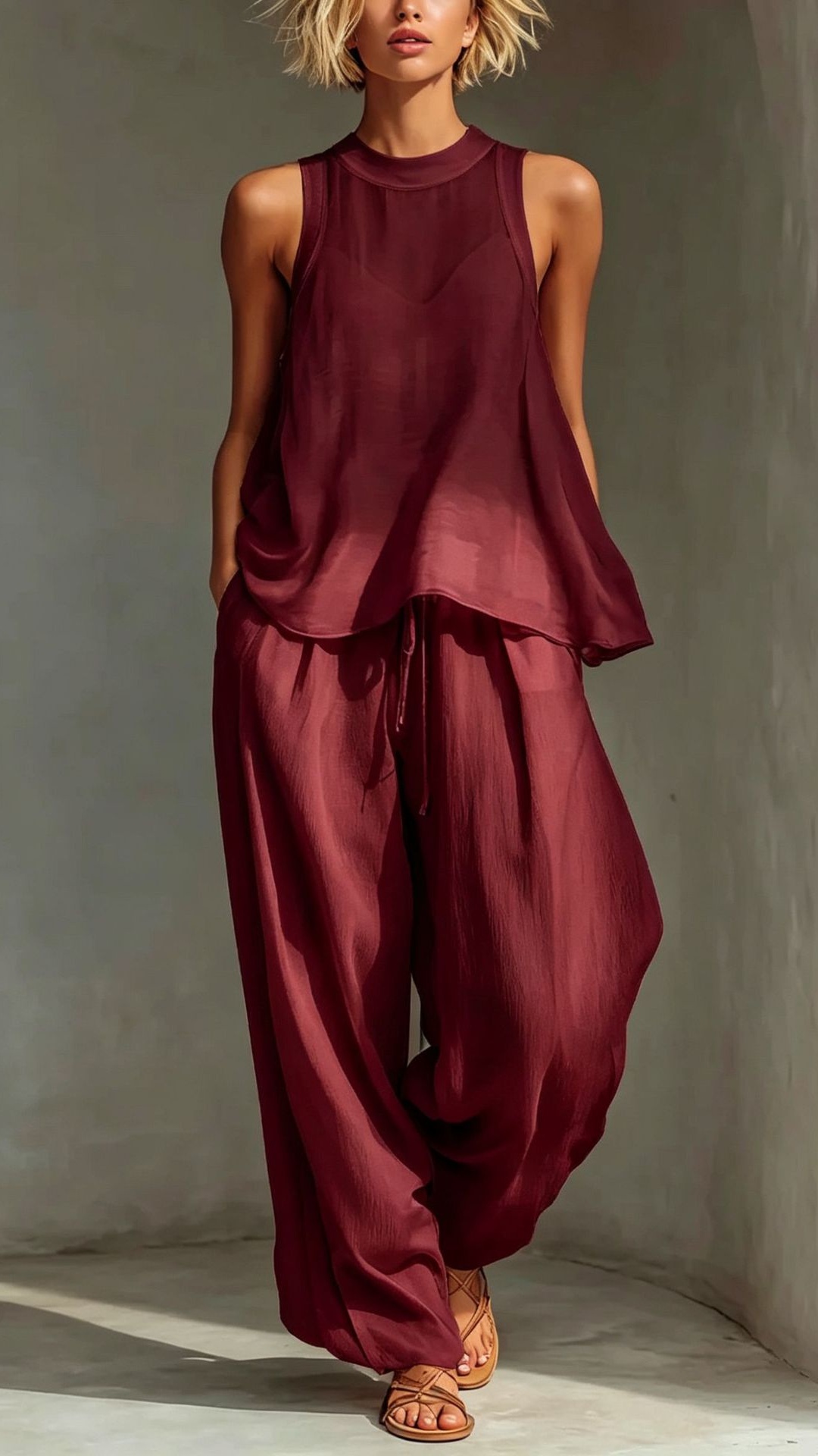 Women's Chiffon Semi-Sheer Round Neck Sleeveless Vest Drawstring Wide-Leg Pants Loose Fit Suit
