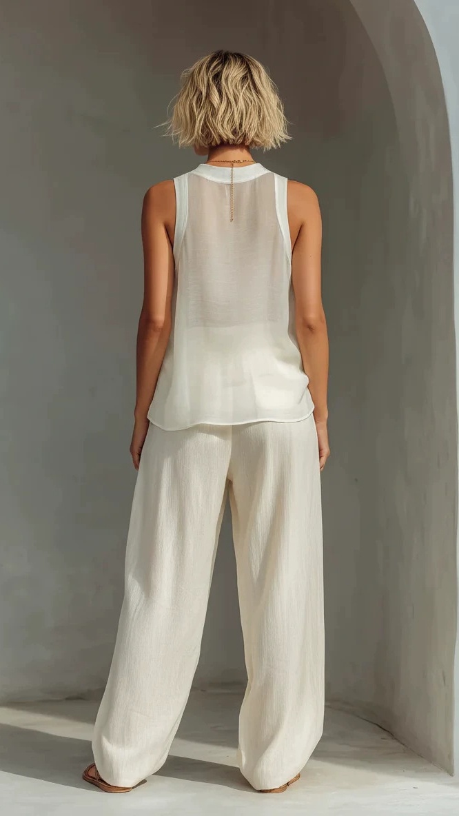 Women's Chiffon Semi-Sheer Round Neck Sleeveless Vest Drawstring Wide-Leg Pants Loose Fit Suit