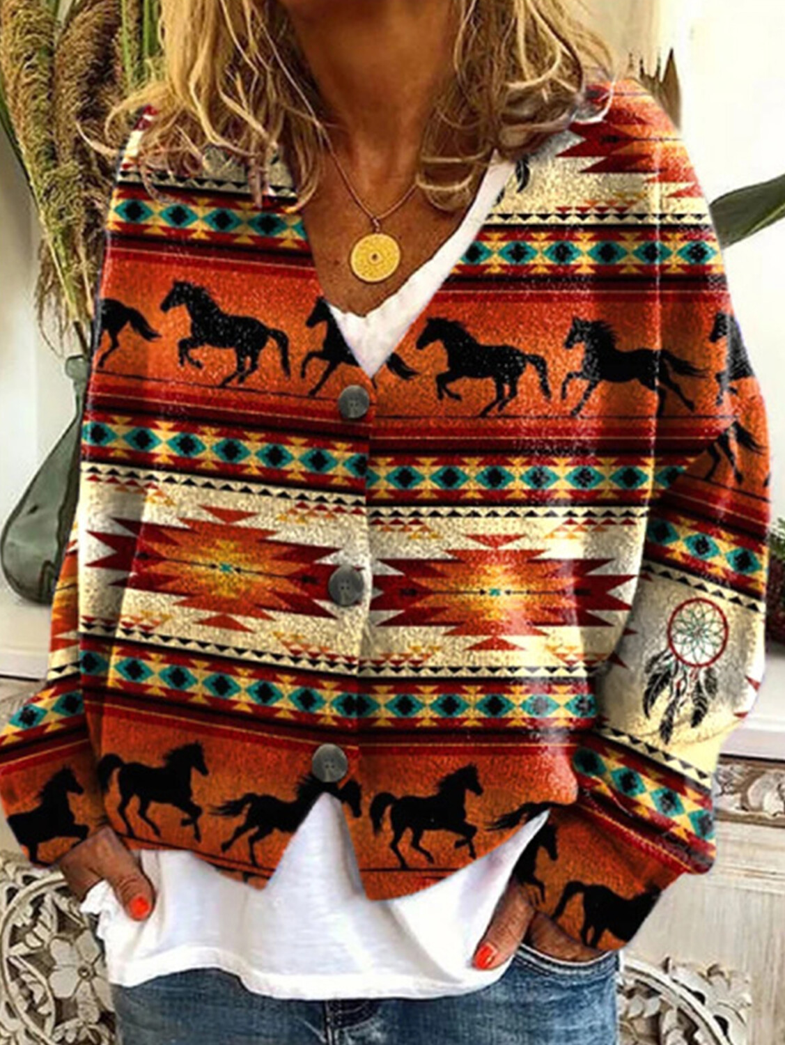 Women's casual floral pattern three-button knitted cardigan sweater