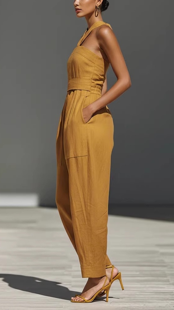 Women's Linen Blend Crossover Halter Neck Loose Fit Jumpsuit