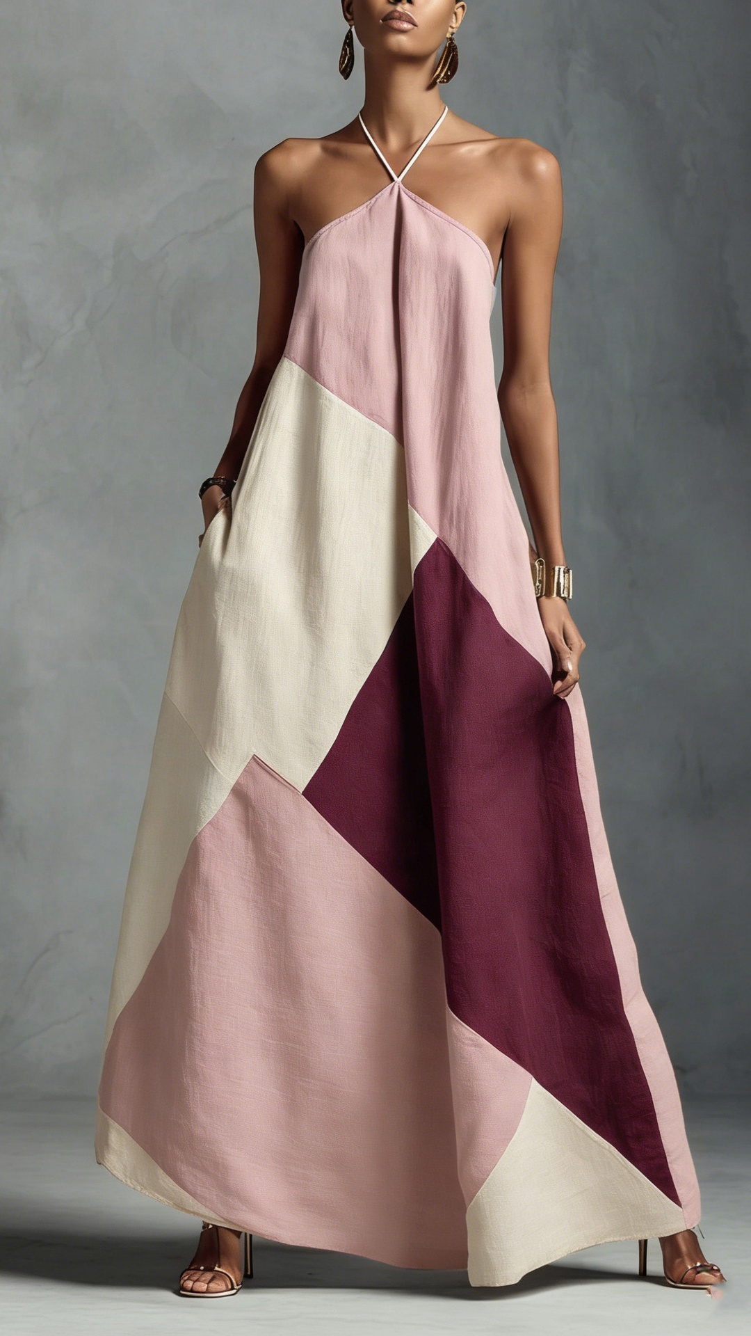 Women's color-blocked printed loose-fitting long dress