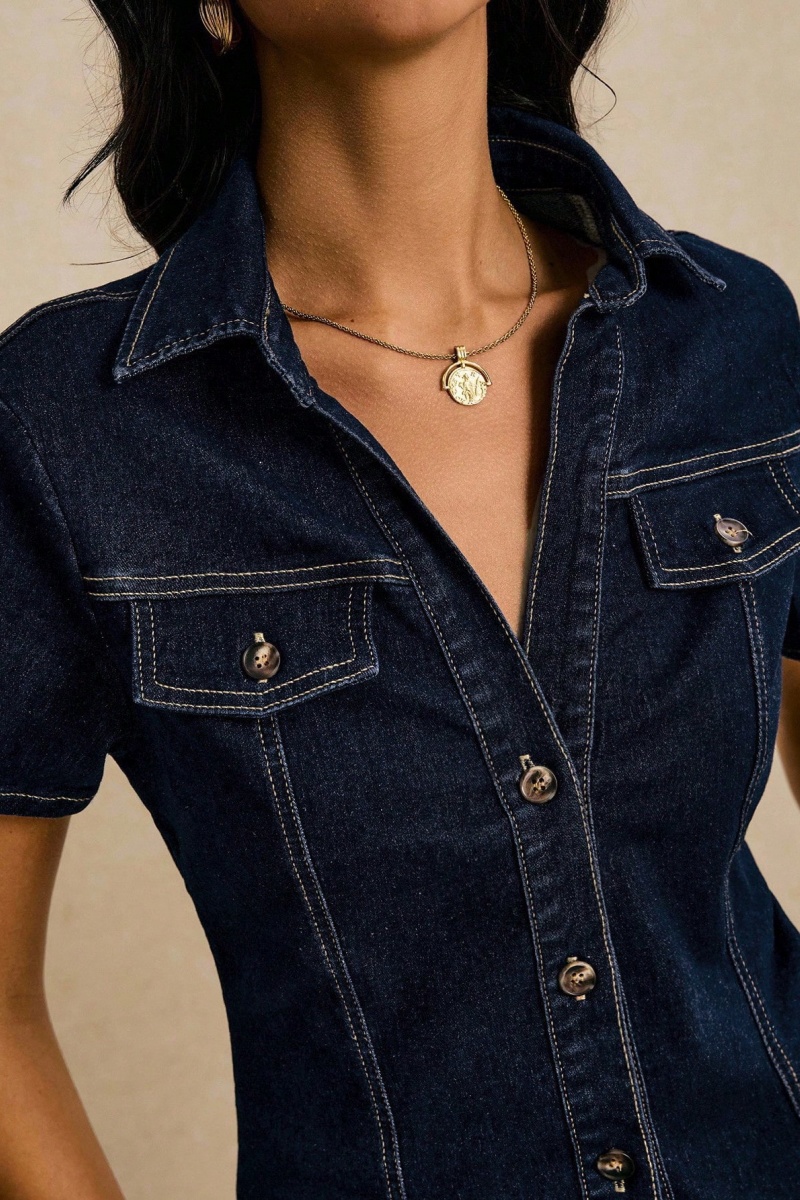 Women's Streetwear-Style Workwear-Inspired Slim-Fit Faux-Denim Collared Shirt