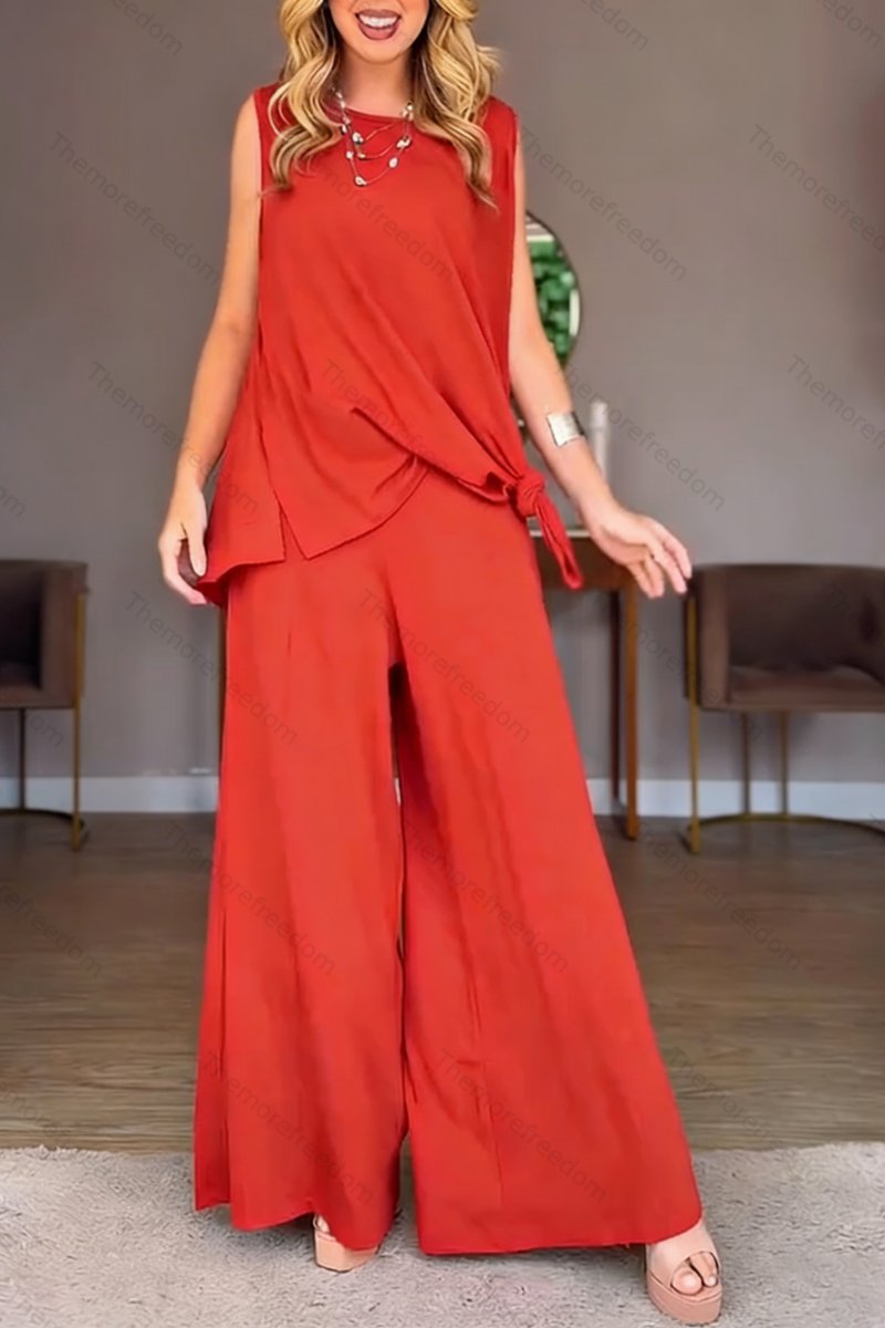 Women's casual vacation round neck sleeveless split two-piece set