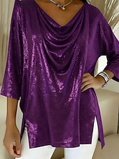 Women's Blouse Plain Vintage Stylish 3/4 Length Sleeve V Neck Regular Tops Holiday Going out Sequins Blue Silver Red Purple Khaki Summer