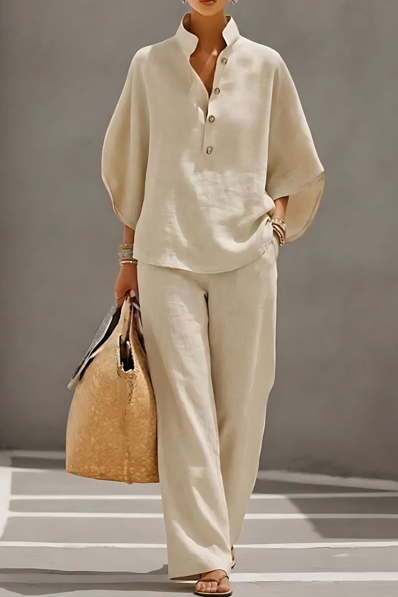 Women’s Batwing Sleeve Linen Cotton Two-Piece Set – Casual Shirt & Wide Leg Pants Outfit