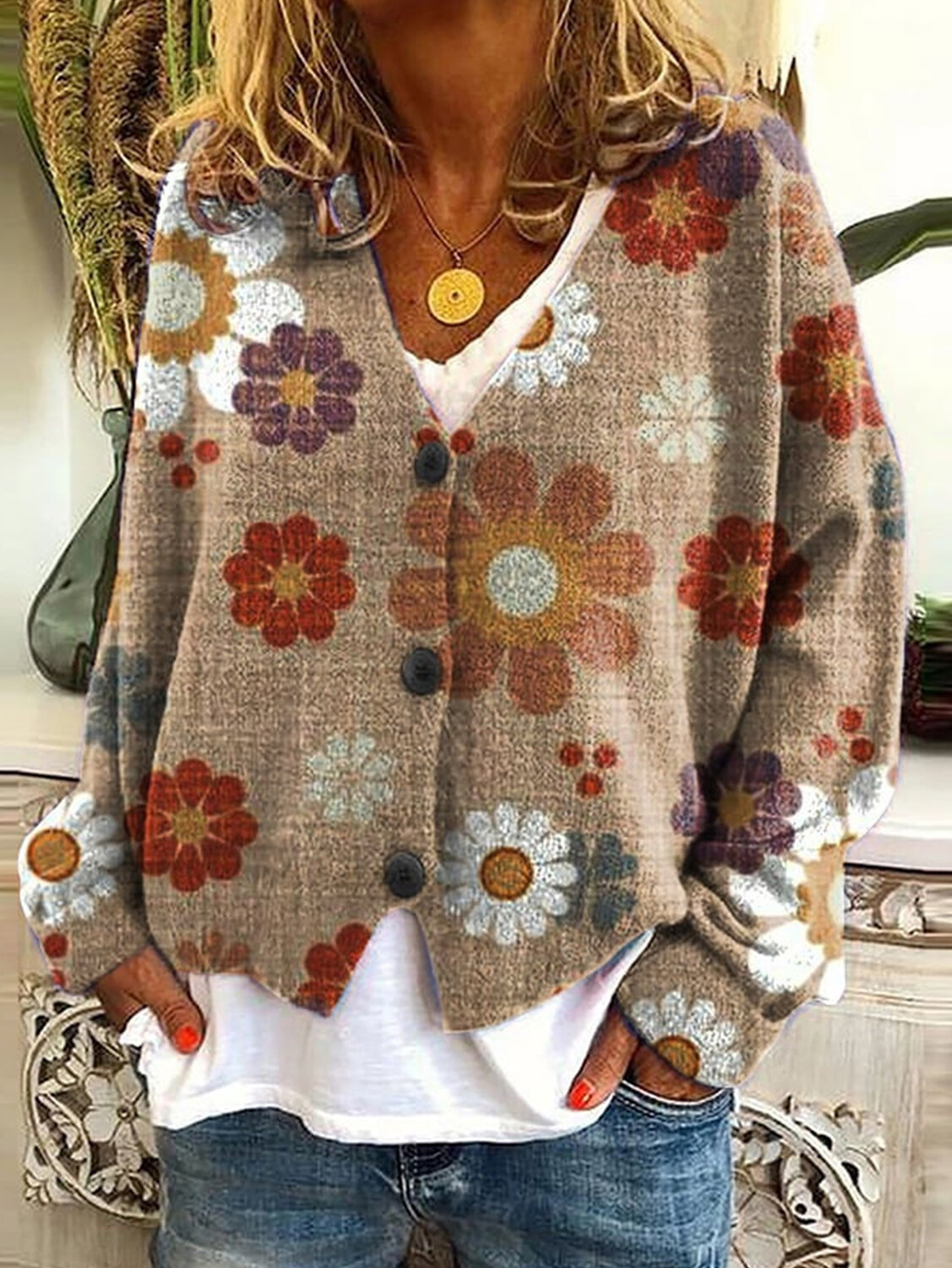 Women's casual floral pattern three-button knitted cardigan sweater