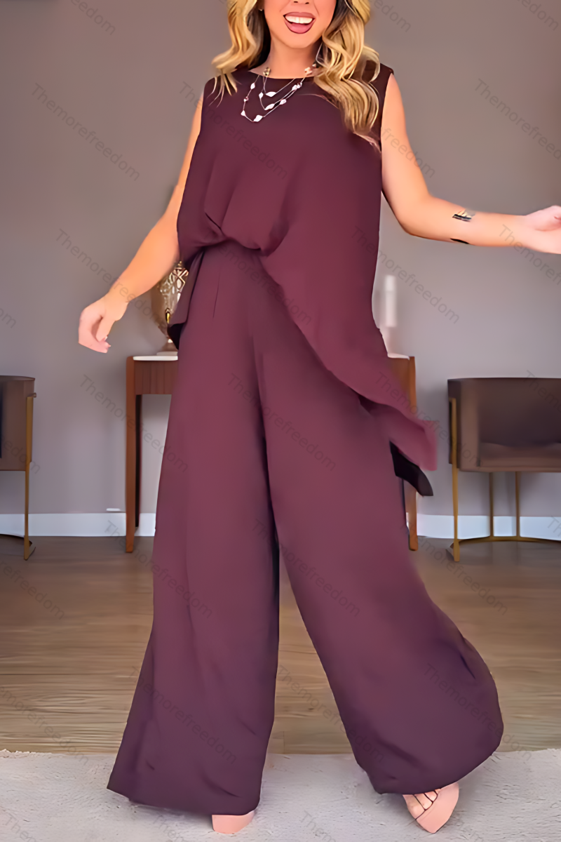 Women's casual vacation round neck sleeveless split two-piece set