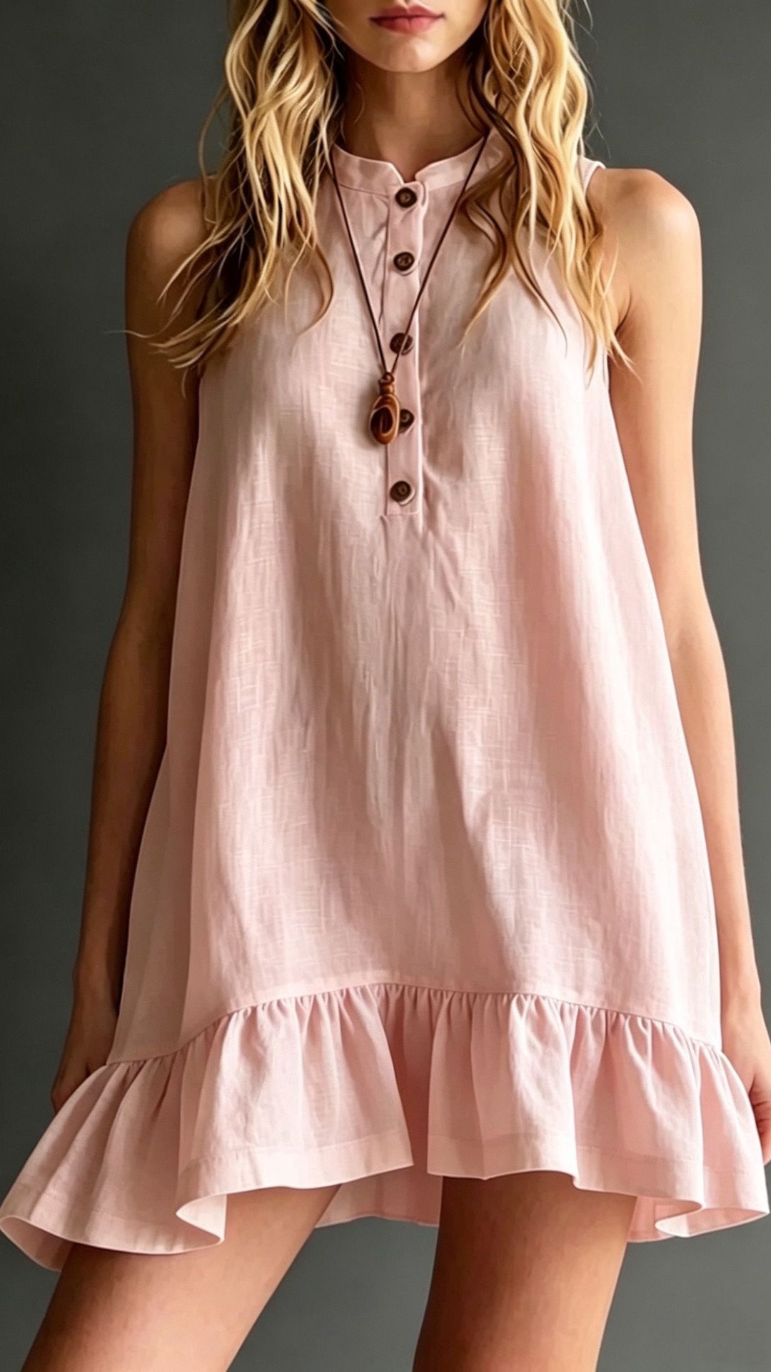 Women's Solid-Color Cotton-Linen Dress: Elegant Stand Collar, Sleeveless, with Ruffles