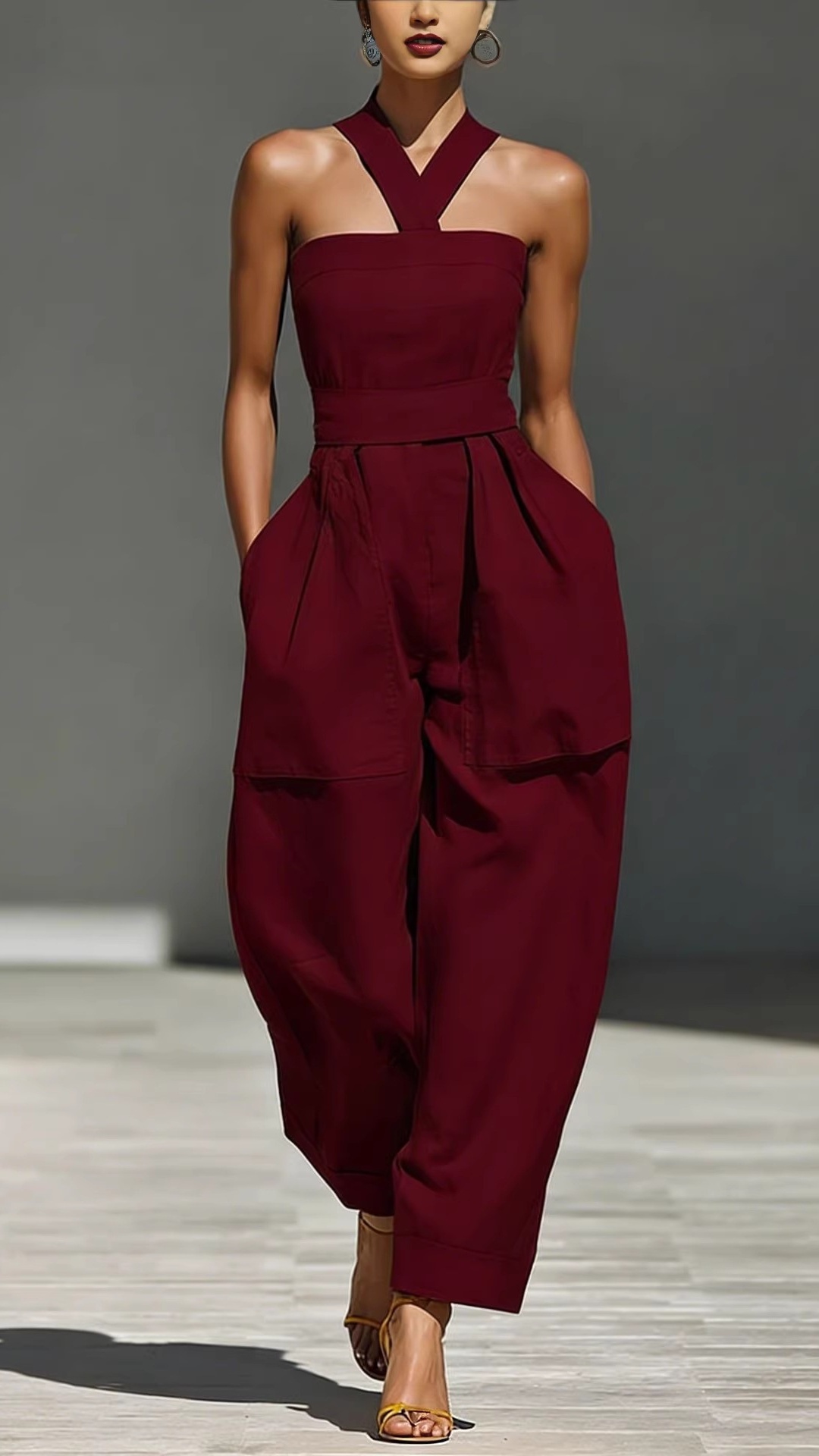 Women's Linen Blend Crossover Halter Neck Loose Fit Jumpsuit