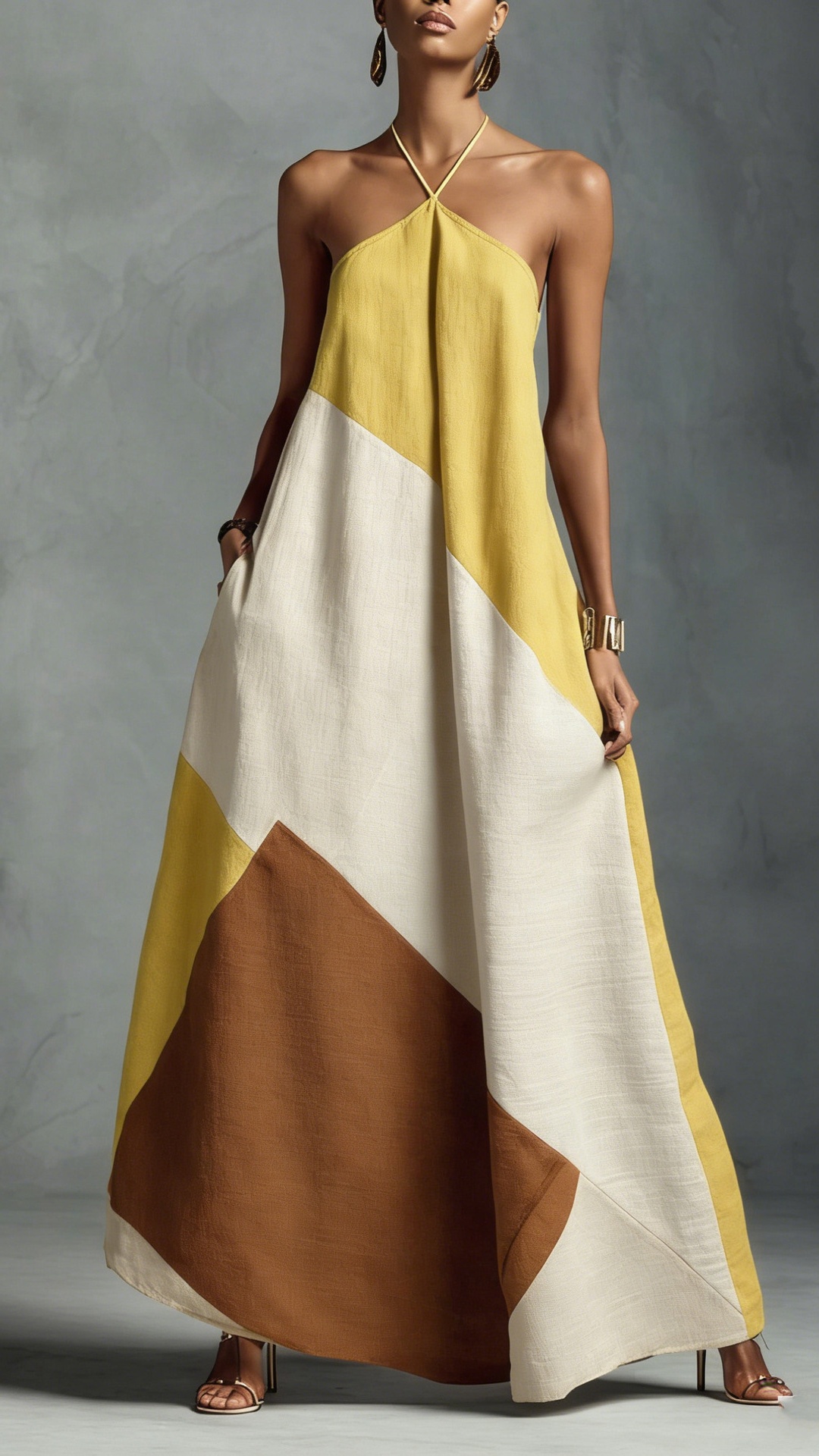 Women's color-blocked printed loose-fitting long dress