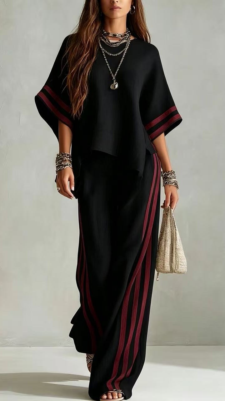 Women's Striped Patchwork Irregular Hem Casual Wide-Leg Pants Two-Piece Set