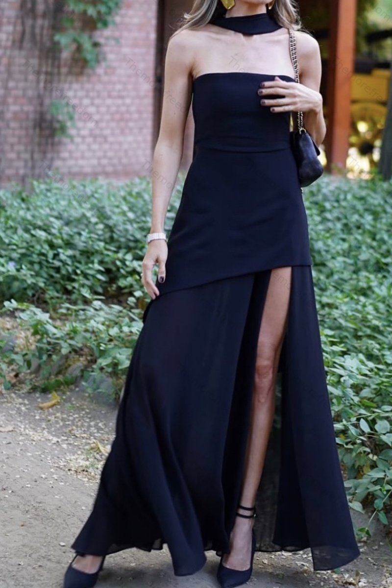 Women's stylish and elegant strapless solid-color mesh panel dress