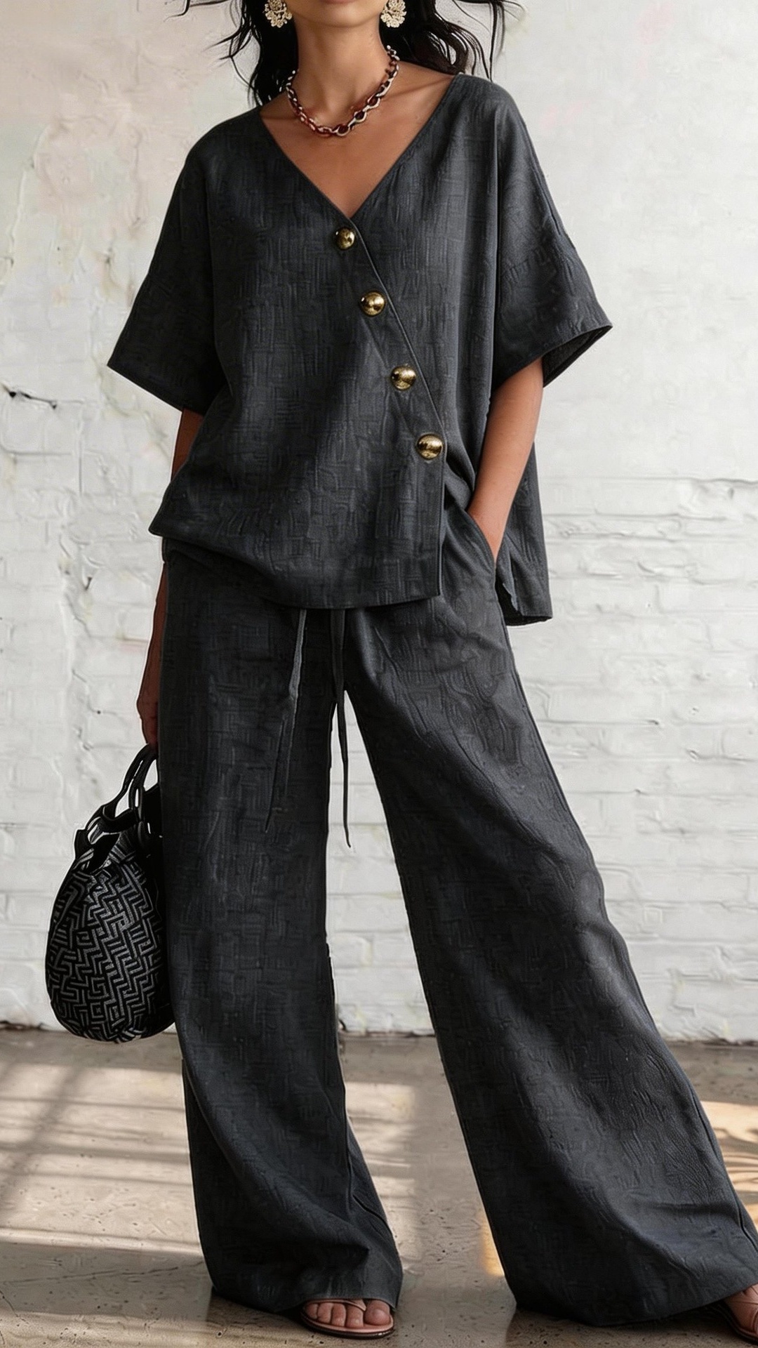Women's Casual Vacation Loose Cotton Linen V-Neck Wide-Leg Pants Two-Piece Set